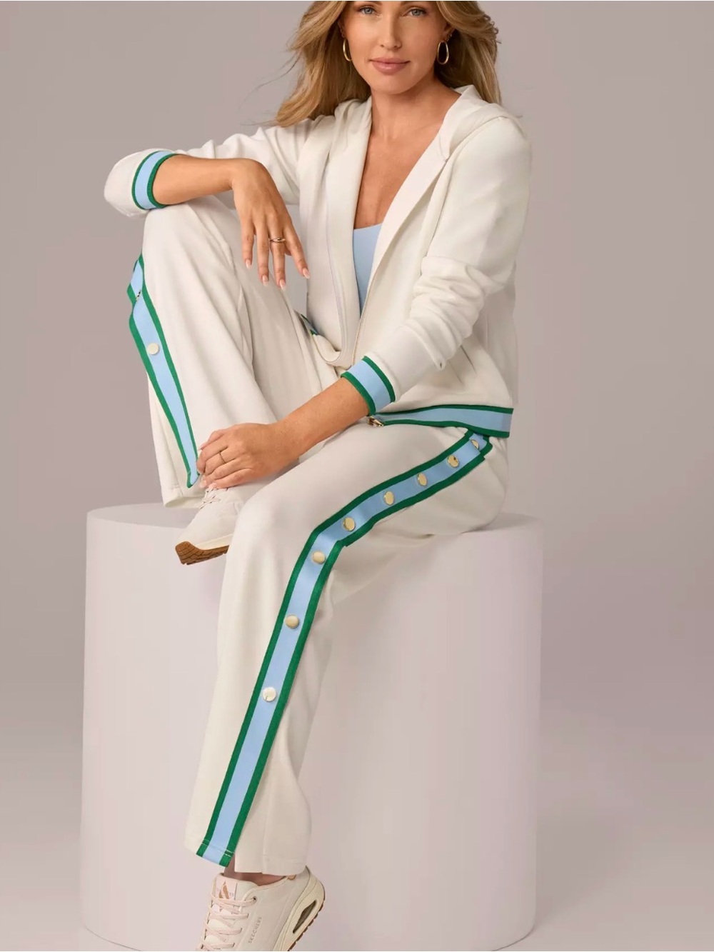 Boston Proper Cream Track Pants with Green & Light Blue Stripe Trim